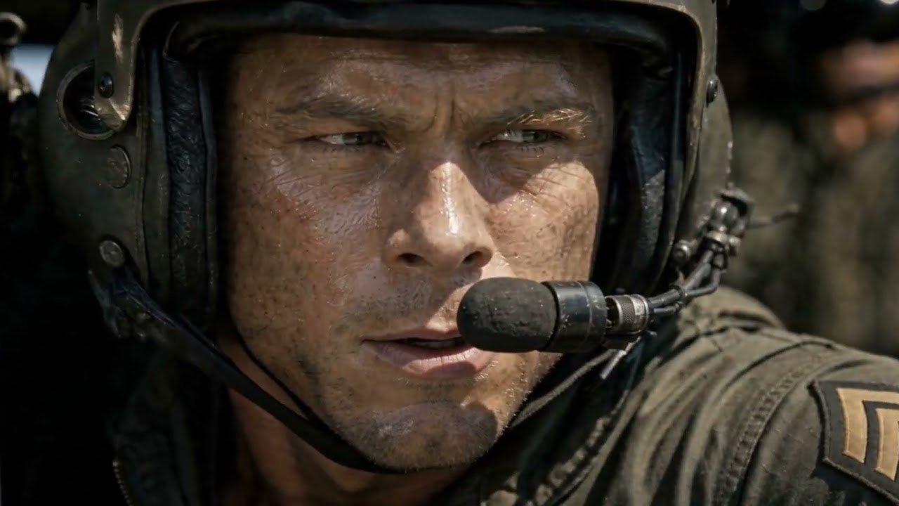 A helicopter crew chief in a flight helmet and boom mic, from the Cost of Valor cinematic reel