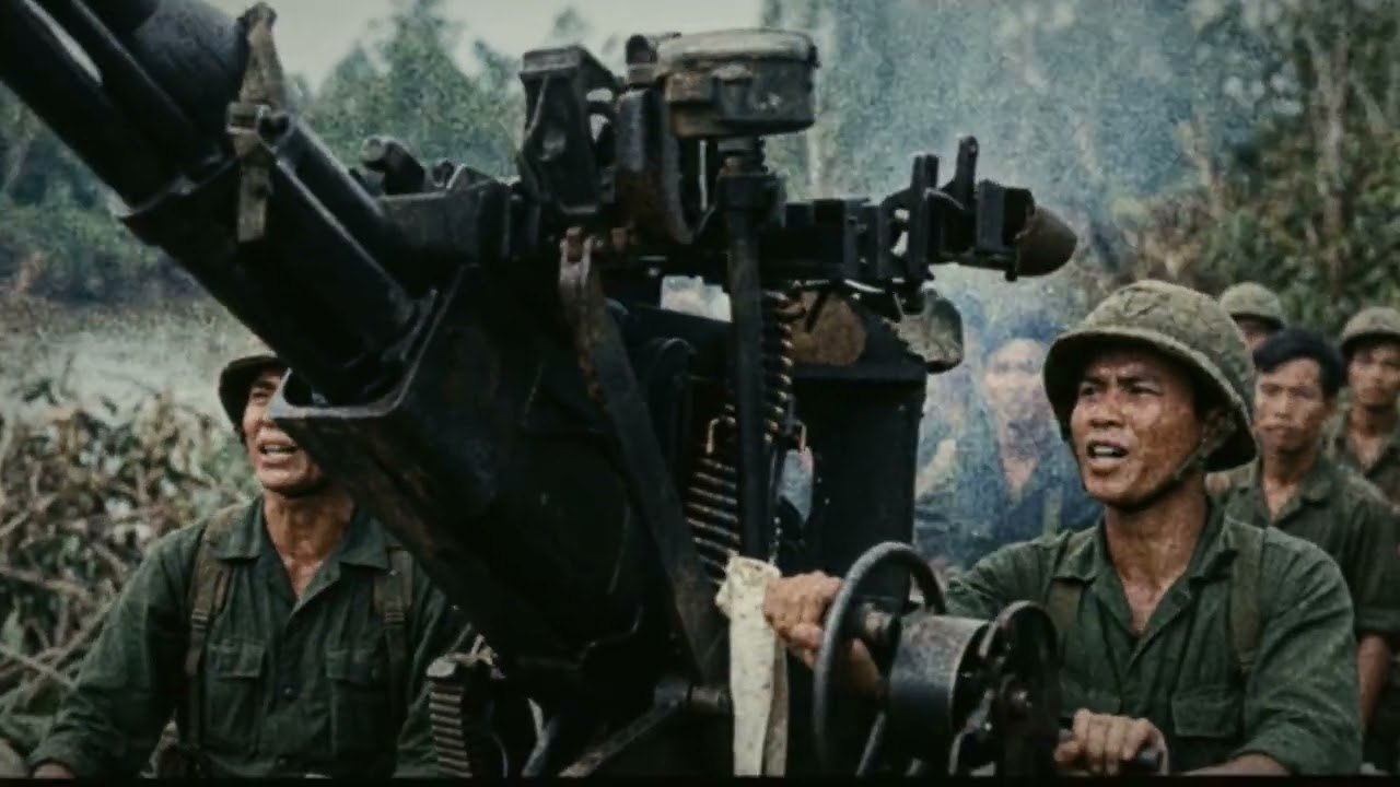 A gun crew working an anti-aircraft position at the treeline, from the Cost of Valor documentary reel