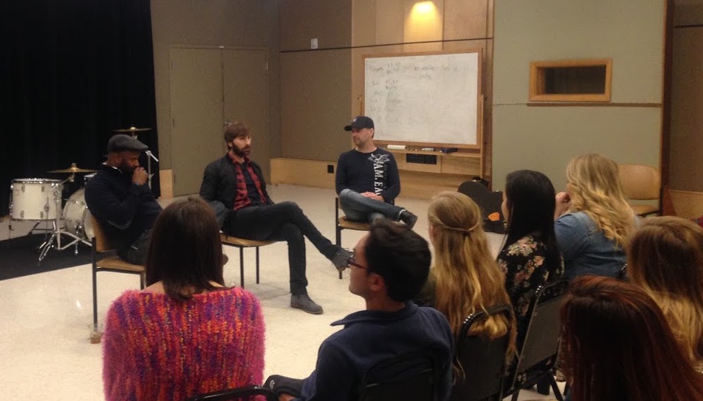 Nathan Adam with Shannon Sanders and Dave Haywood of Lady Antebellum at a GRAMMY Camp session
