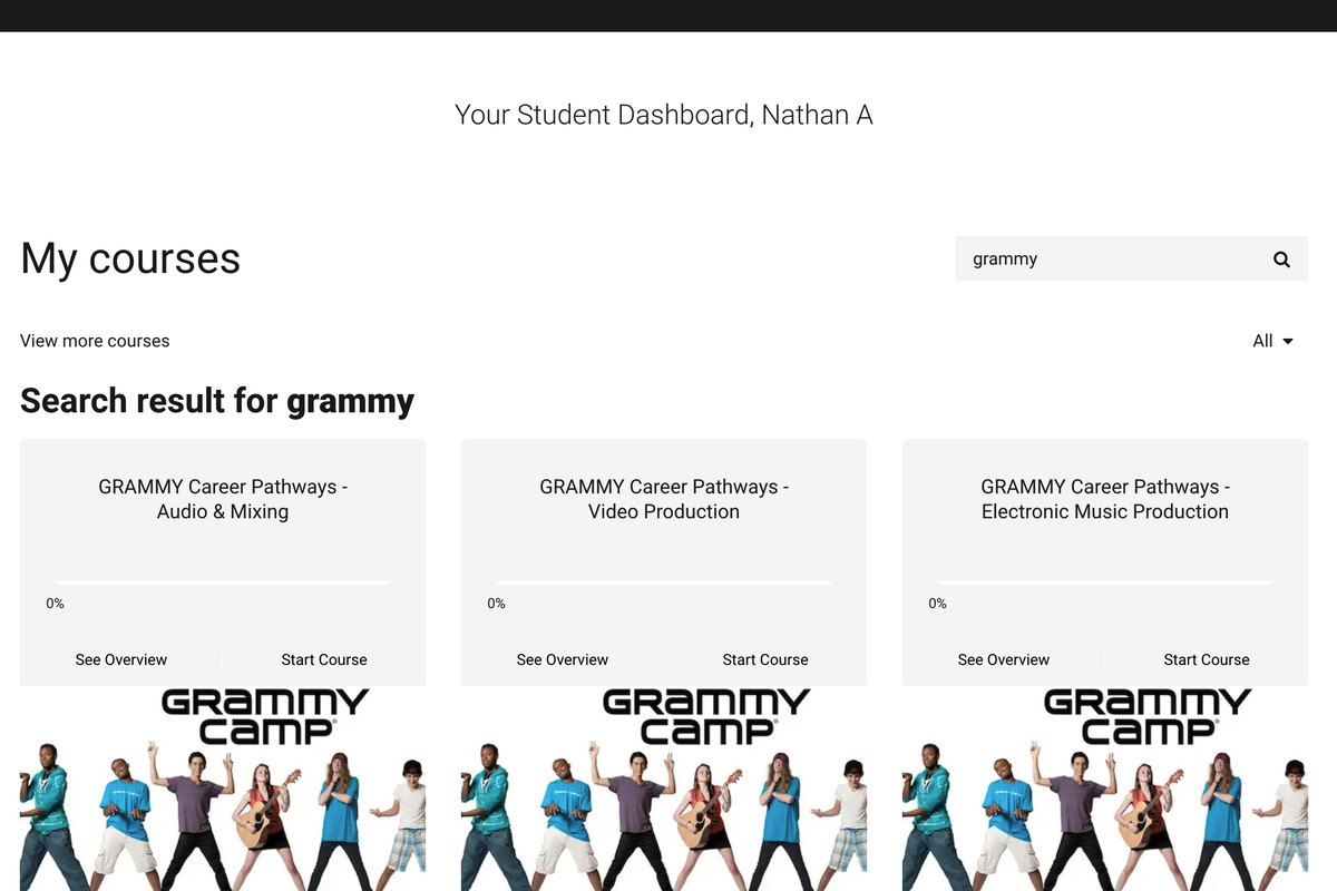 GRAMMY Career Pathways course dashboard showing Audio & Mixing, Video Production and Electronic Music Production tracks