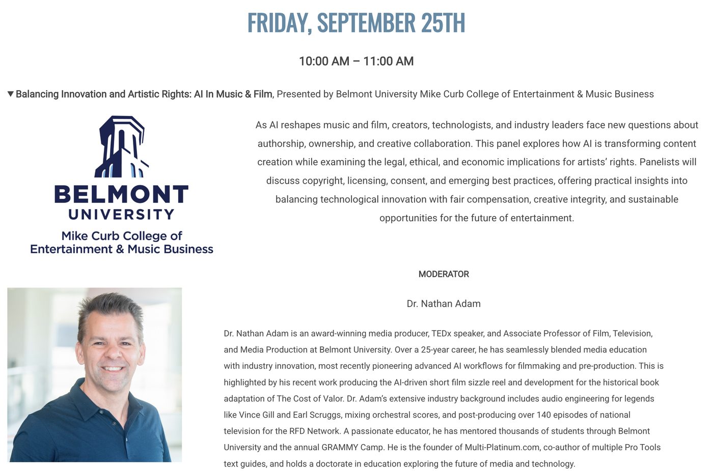 The Nashville Film Festival program listing for the panel, with its description and Dr. Nathan Adam named as moderator
