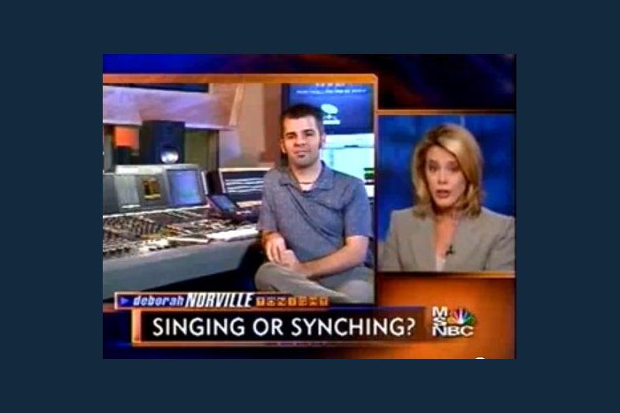 Nathan Adam interviewed at a console on MSNBC under the caption Singing or Synching?