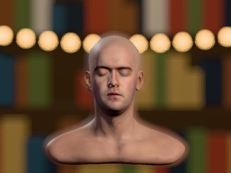 The head in front of a very blurry bookshelf with soft round lights.