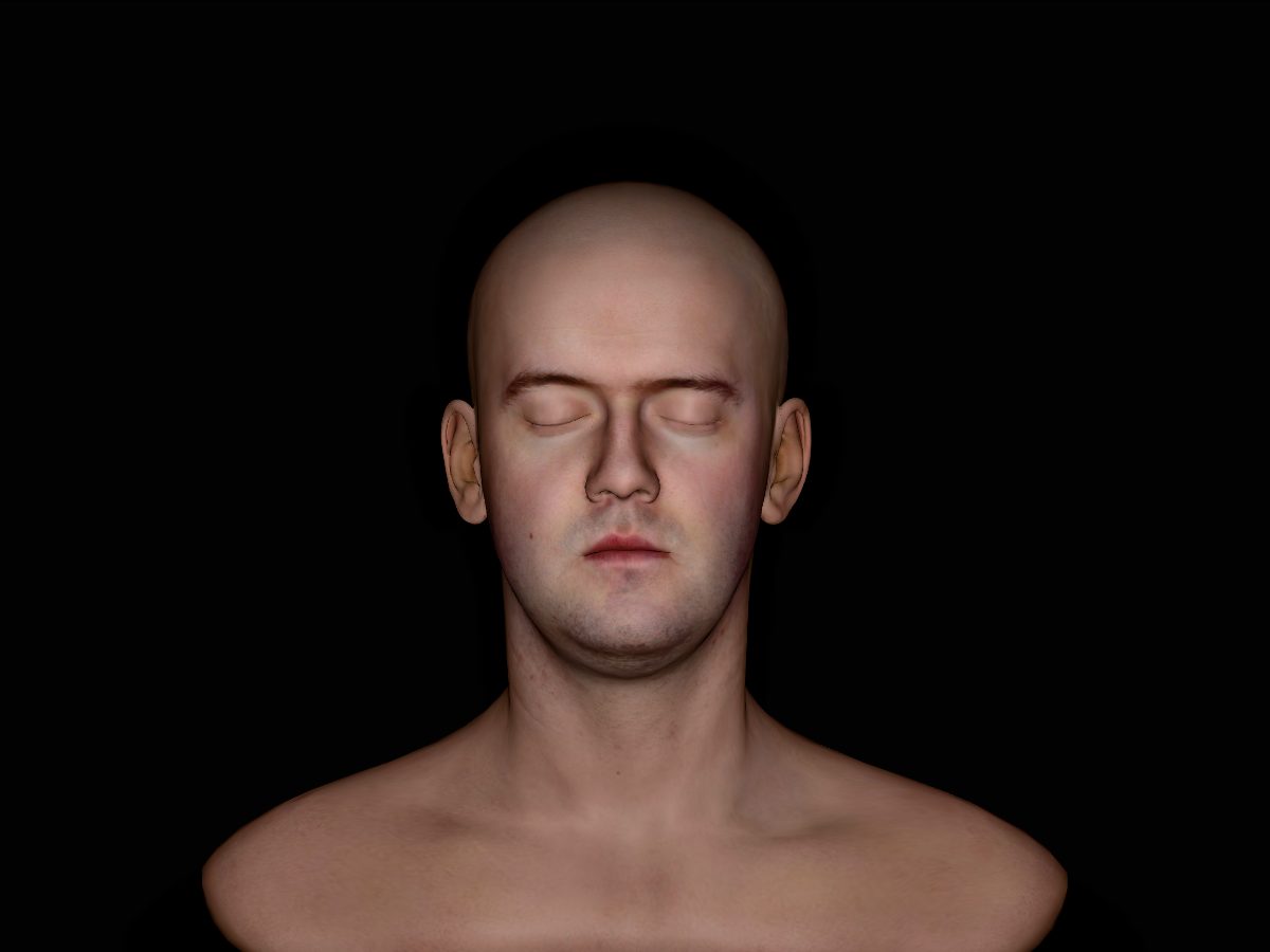 A head lit by one light beside the camera. Bright, flat, almost no shadows.