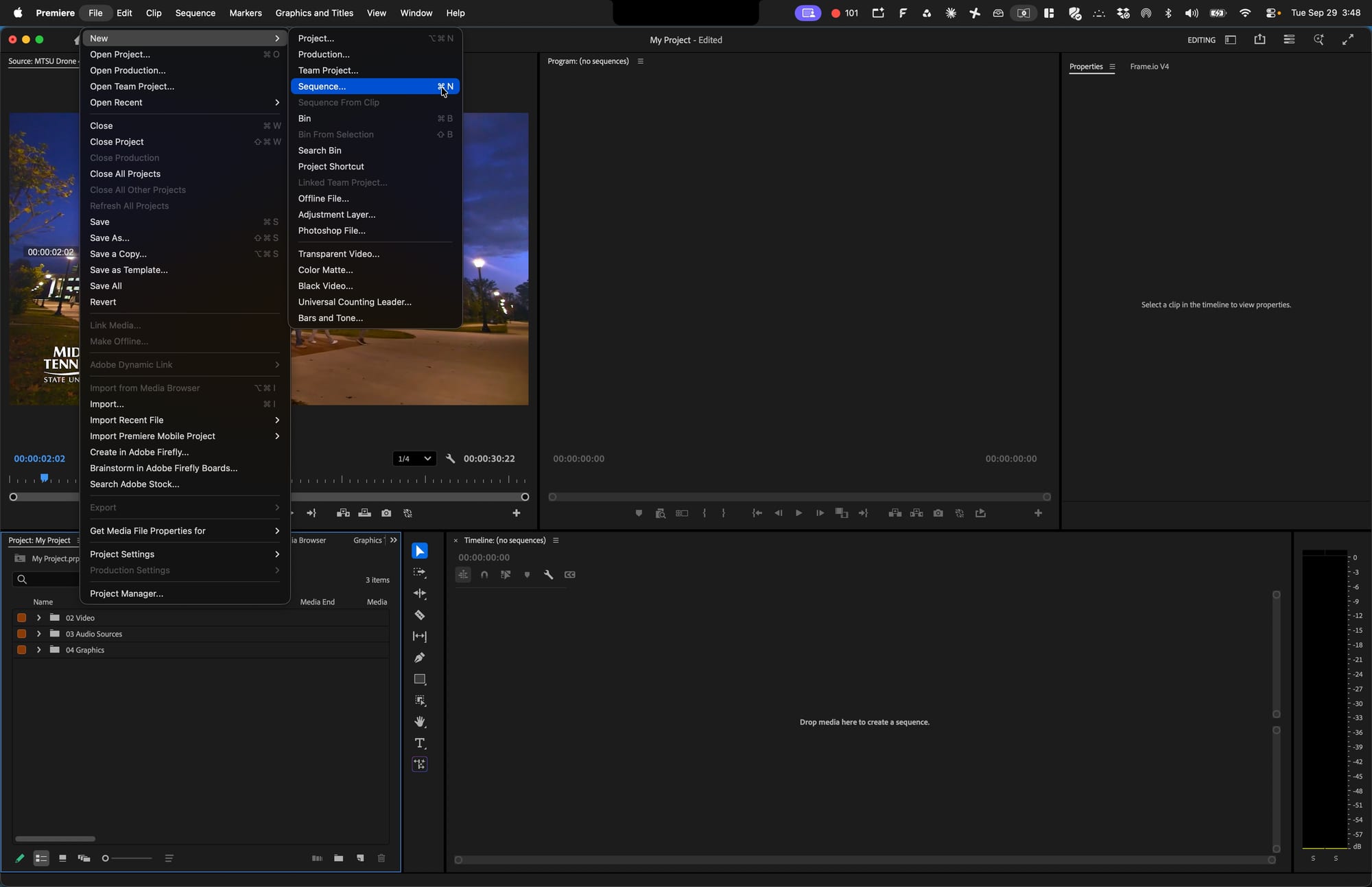 Screenshot for step 23: Create a New Sequence